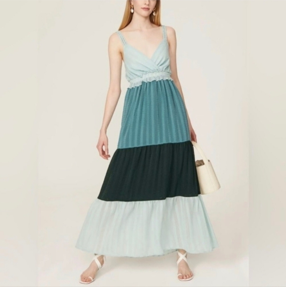 Slate & Willow Tiered Sleeveless Green Colorblock Maxi Dress Gauzy Flowy Small